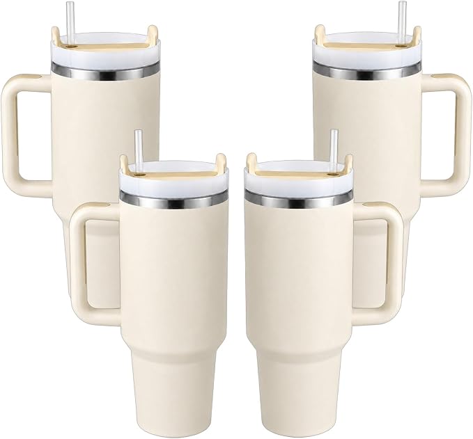 Pandance 4 Pack 40 oz Tumbler with Handle and Straw Bulk, Cream | Stainless Steel Vacuum Insulated Travel Mug, Sturdy Screw-on lid, Cup Holder Friendly, Large Capacity Cup For Iced Coffee