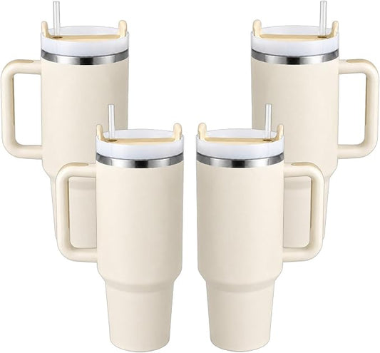Pandance 4 Pack 40 oz Tumbler with Handle and Straw Bulk, Cream | Stainless Steel Vacuum Insulated Travel Mug, Sturdy Screw-on lid, Cup Holder Friendly, Large Capacity Cup For Iced Coffee
