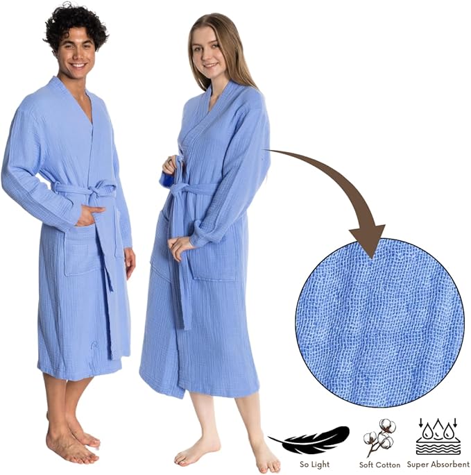 Muslin Unisex Bathrobe Women & Men, 100% Cotton Kimono Lightweight Robe | Long Robes Soft, Absorbent, Spa robes