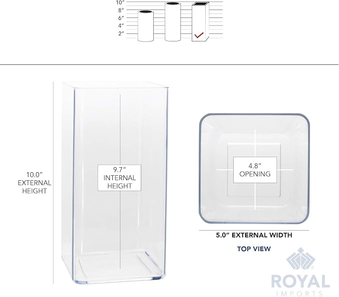 Royal Imports Flower Vase Acrylic Tall Rectangle - Decorative Centerpiece for Home or Wedding - Non Breakable Plastic, 5" X10 - Clear (Pack of 2)
