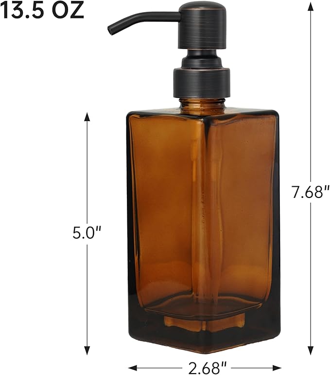 13.5 Oz Coffee Glass Soap Dispenser with Rust Proof Stainless Steel Pump, Antique Design Refillable Square Lotion Dispenser for Bathroom, Premium Kitchen Hand Soap (Oil Rubbed Bronze)