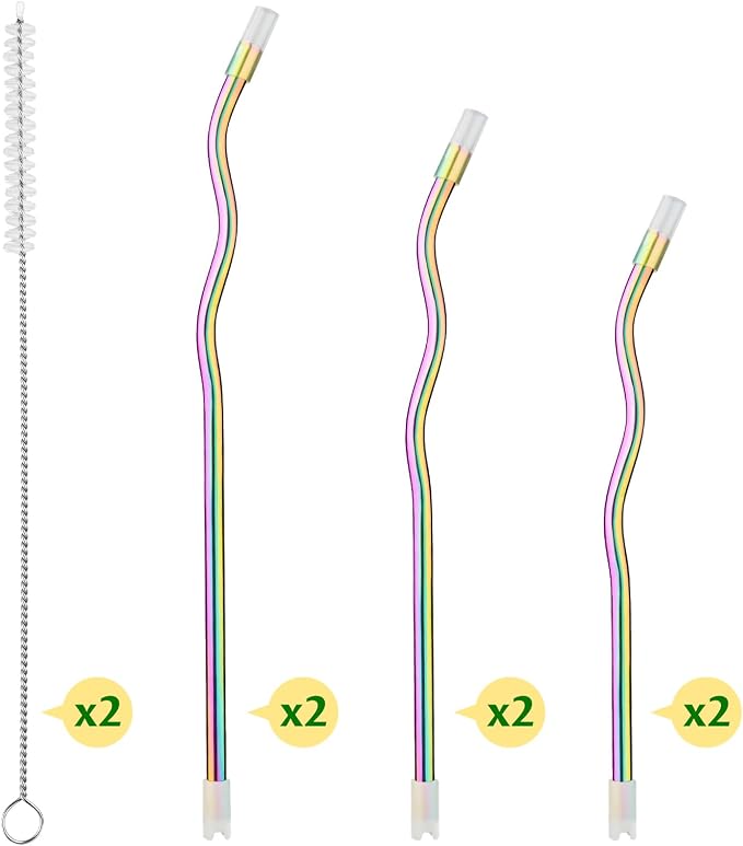 NiHome 6-Pack Wavy Iridescent Stainless Steel Straws with Silicone Tips, Bases & 2 Cleaning Brushes, 3 Sizes 9.25", 10.24" & 12.2", Reusable Metal Straws Fit for Stanley 30oz/40oz Tumblers, Cups