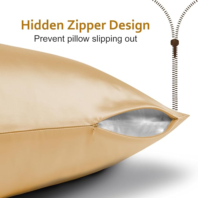 Ravmix Silk Pillow Cases with Zipper, 21momme Mulberry Silk Pillowcase for Hair Skin Health, Soft Smooth Breathable Cool Pillow Cover for Beauty Sleep with Gift Box 1PC(Standard 20"x26", Gold)
