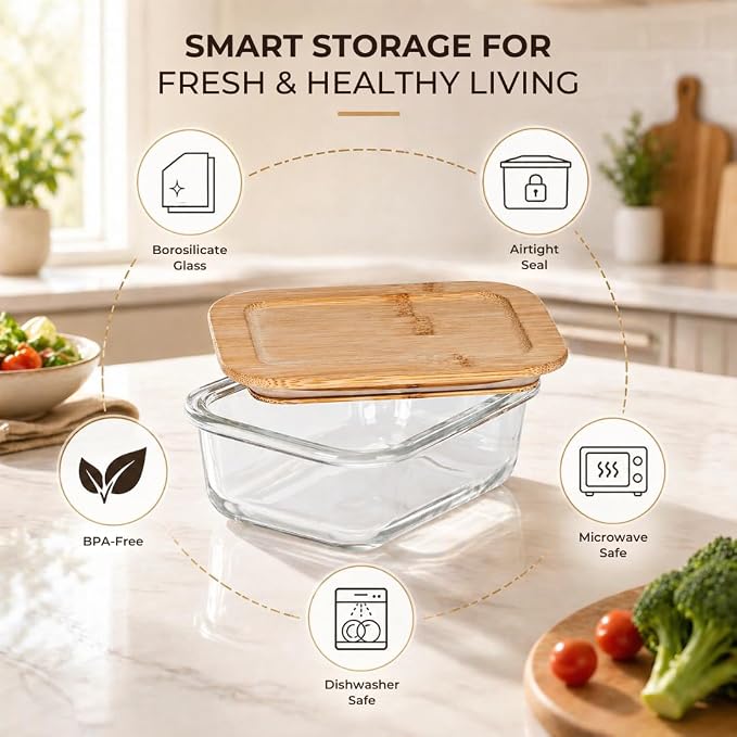 Kitchen Details Glass Food Storage Containers with Bamboo Lids | 2 Pack | 12.5 oz / 370 mL Rectangular Containers | Home | Apartment | Prep | Restaurant | Fresh