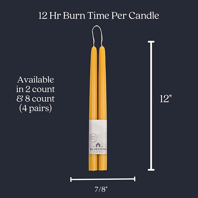 Bluecorn Beeswax Taper Candles, 100% Pure Natural Bees Wax, Pair of 12 Inch Yellow Tapered Candlesticks, Clean Burning & Dripless, Fragrance Free, Long Lasting, Home Decor, American Made, 1 Count