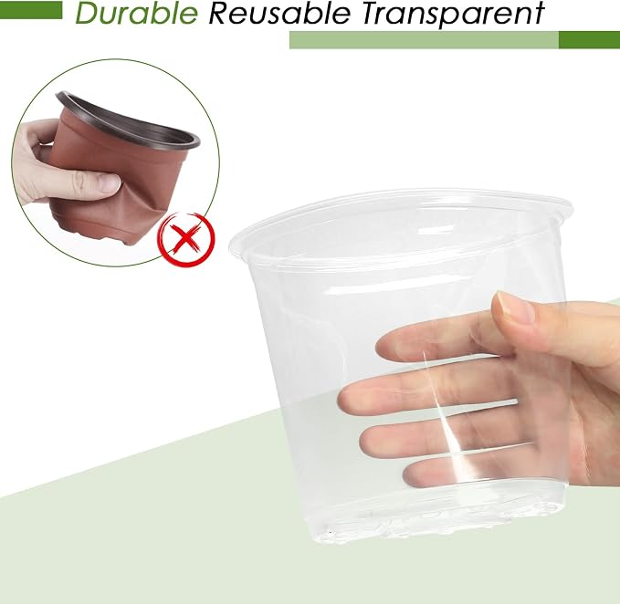 FUIJOL 4 Inch Clear Nursery Pots for Plants with Sacuers 15 Pack, Plastic Flower Pots with Drainage Holes, Variety Pack Seedlings Garden Pot for Indoor Outdoor (4 inch)