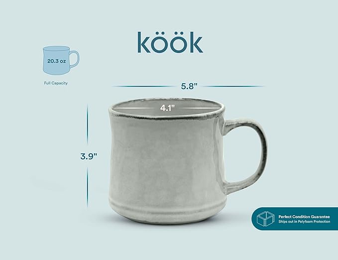 KooK Glazed Coffee Mugs, Ceramic, Microwave & Dishwasher Safe, 13 oz, Java/Slate Circled, Set of 2