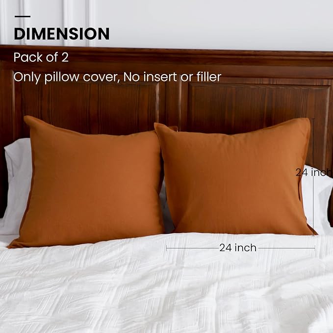 Simple&Opulence Linen Euro Shams Basic Style Solid Color 24x24 Inch Pack of 2 Flax Cotton Blend Decor Throw Pillow Covers Soft Breathable Farmhouse Pillow Shams - Rust