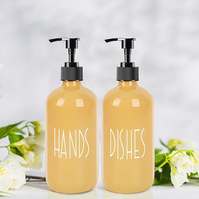 Glass Soap Dispenser with Plastic Pump for Kitchen - 16 OZ Glass Hand Soap Dispenser Set - Kitchen Bathroom Decor and Accessories (Yellow)