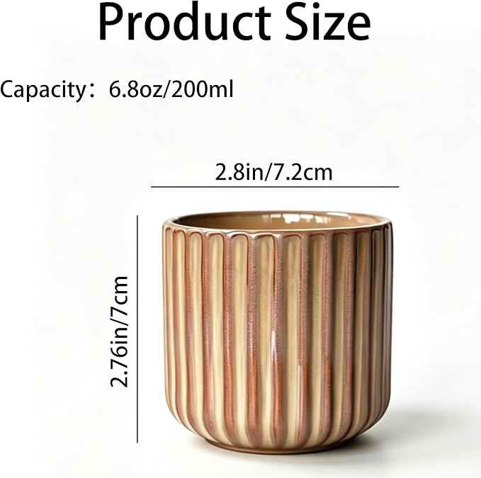 Japanese Ceramic Mug, Vintage Tea Cup 6oz Striped Cup No Handle Drinking Cup for Latte Milk Water Beverage Juice Microwave and Dishwasher Safe, Kiln Transformation Cup (Vintage Brown)