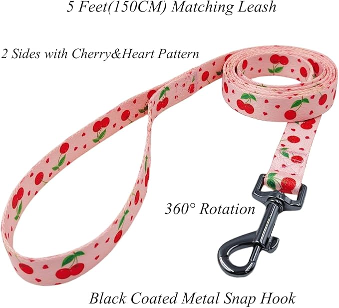 Dog Collar Leash Set, Fruit Pattern, Polyester Material, Adjustable Collar and 5ft Matching Leash, for Puppy Dogs.(XS, Pink Cherry)