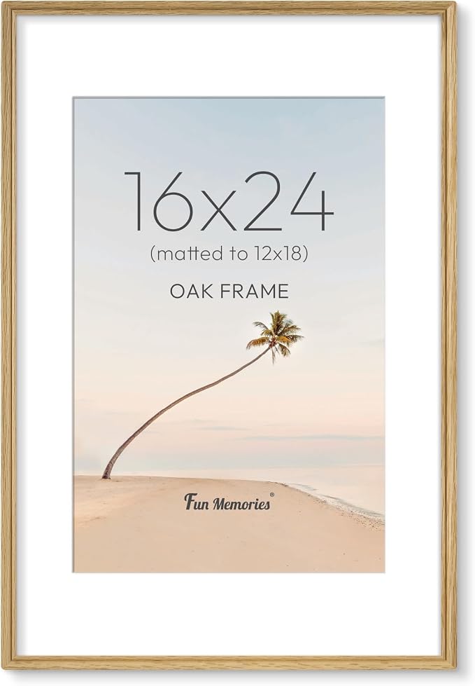 16x24 Picture Frame with Mat for 12x18, USA-Sourced Oak Wood Handcrafted Rounded Corner with HD Tempered Glass, 16 x 24 Gallery Wall Frames for Posters & Art Prints, Vertically or Horizontally