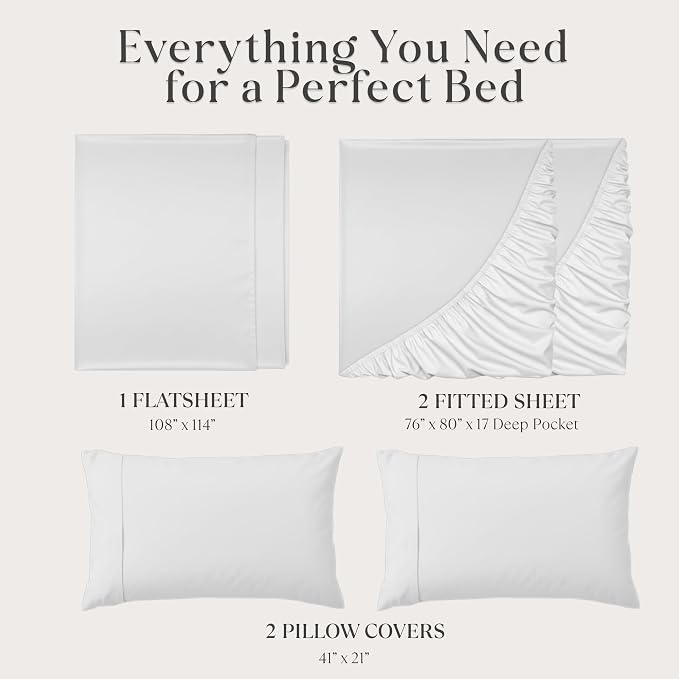 Delilah Home 100% Organic Cotton Split King Bed Sheet Set, GOTS & Vegan.org Verified Long Stem 300 TC Sateen Bedding Non-Synthetic Deep Pocket Fitted Linen, Lightweight, All-Season, 4 Pieces - White