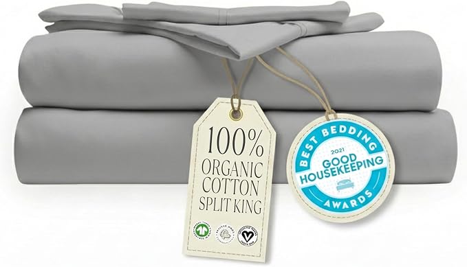 Delilah Home 100% Organic Cotton Split King Bed Sheet set, GOTS & Vegan.org Verified, Long Stem 300 TC Sateen Bedding, Non-Synthetic, Deep Pocket Fitted Linen, Lightweight, All-Season, 4 Pieces - Grey