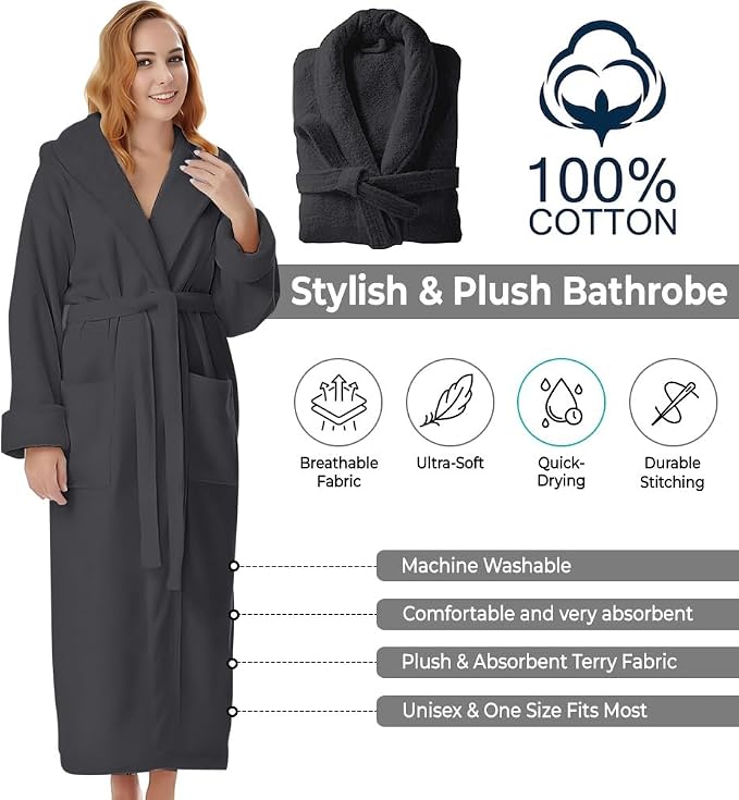 KAHAF COLLECTION Cotton Terry Robes for Women and Men, Terry Shawl Collar Bathrobe, ONE SIZE - UNISEX Men & Women Spa Robe