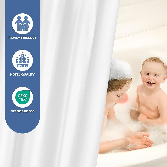 downluxe Waterproof Fabric Shower Curtain Liner, Soft Cloth Shower Liner with Magnets, Machine Washable & Hotel Quality Bathroom Curtain, 72" W x 74" L, Waffle White