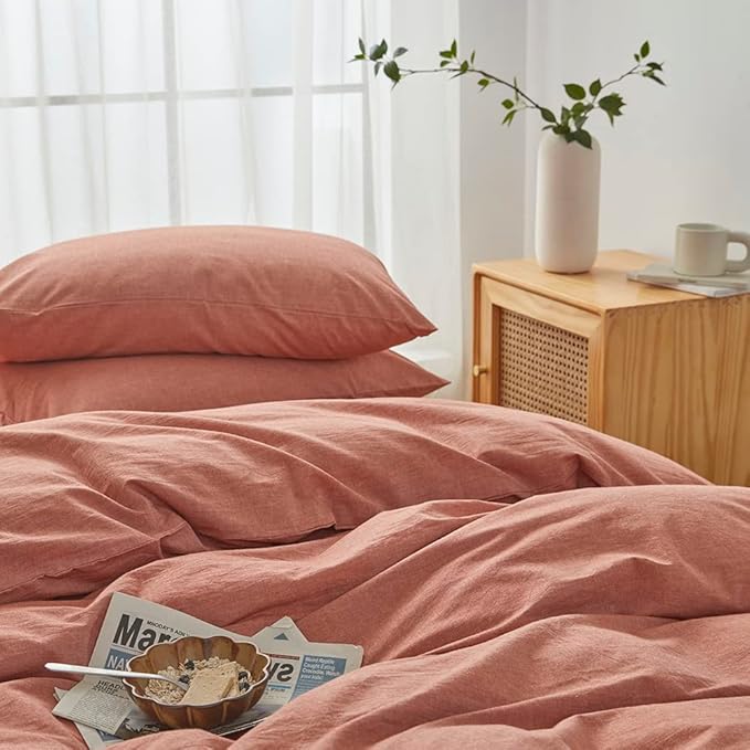 FACE TWO FACE Bedding Duvet Cover Set 3 Pieces 100% Washed Cotton Duvet Cover Linen Like Textured Breathable Durable Soft Comfy (California King, Caramel)