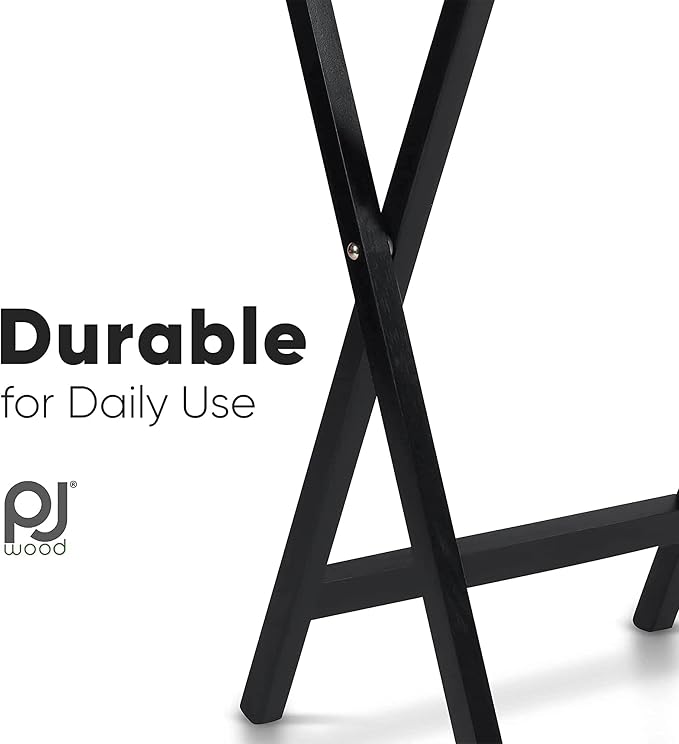 PJ Wood 2-Pack Folding TV Tray Set, Black - Collapsible Portable Snack Serving Tables, Home Furniture for Living Room, Bedroom, and Kitchen