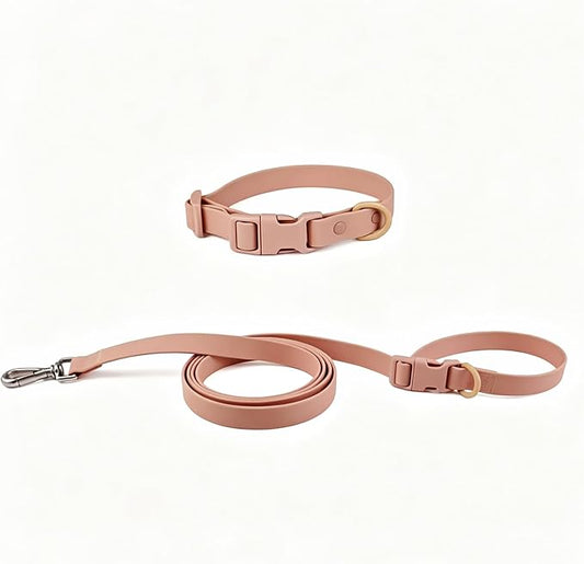 Ovale Waterproof PVC Dog Collar&Leash Set,Leash with Buckle.(M, Pink) | Durable PVC Material Easy to Clean, Multi Ways to Wear Hand/Waist/Shoulder