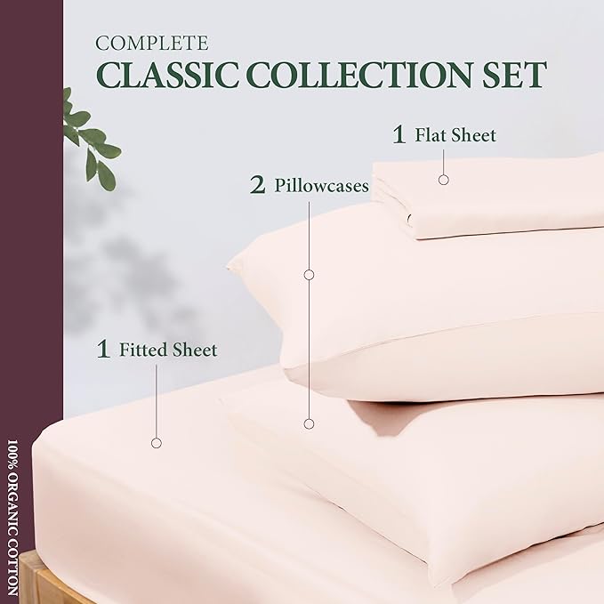 100% Organic Cotton Sheets King Size - Organic Cotton King Size Percale Weave Sheet Set (4 PC, Blush), Soft, Cooling, Crisp & Breathable, 16" Deep Pocket Hotel Quality Bedding Set