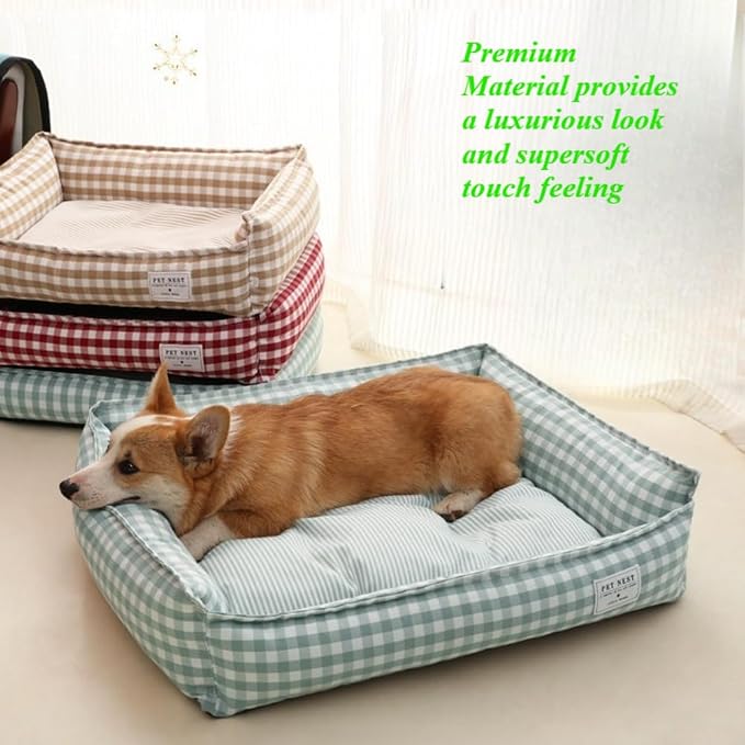 Orthopedic Rectangle Dog Bed for Medium Small Dogs, Plaid Plush Modern Puppy Sofa Bed with Anti-Slip Bottom, Cute Calming Pet Bed(Khaki,X-Large)