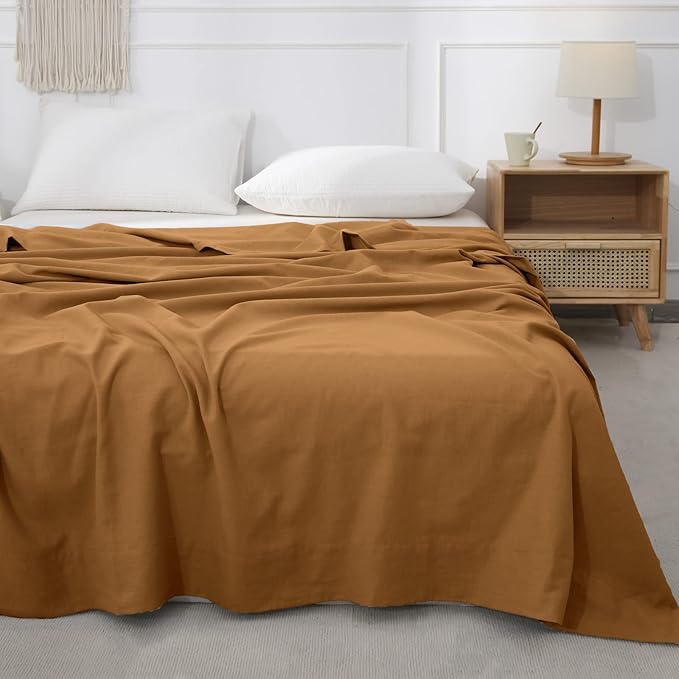 BISELINA Linen Sheet French Flax Flat Sheet Only 55% Euro Linen 45% Cotton Basic Style Solid Color Soft Breathable Farmhouse Top Sheet 1-Piece (King, Rust)
