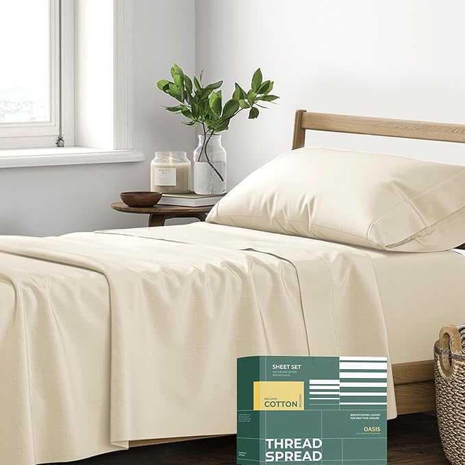 THREAD SPREAD 100% Organic Cotton Sheets Twin XL Size - 3 PC Organic Cotton Twin XL Size Percale Weave Sheet Set, Soft, Cooling, Crisp & Breathable, 16" Deep Pocket Bedding Set for Dorm Room - Ivory