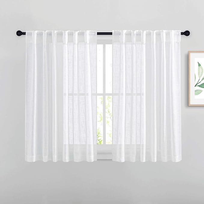 NICETOWN White Short Sheer Kitchen Curtains 45 inches Length, Linen Look Rod Pocket & Back Tab 2 Hanging Options Semi Sheer Vertical Drapes for Bedroom & Dining Room, 104" Wide Total 2 Pieces