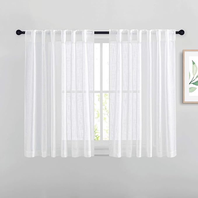 NICETOWN White Sheer Curtains 54 inch Length for Nursery, Rod Pocket & Back Tab Linen Blend Window Treatments Semi Sheer Privacy with Light Filter for Kids Room, W52 x L54, 2 Panels
