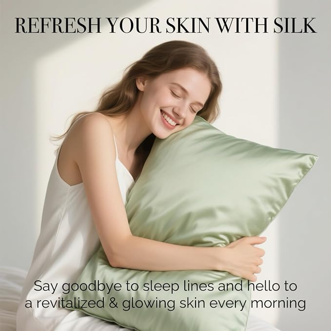 Ravmix Silk Pillow Cases with Zipper, 21momme Mulberry Silk Pillowcase for Hair Skin Health, Soft Smooth Breathable Cool Pillow Cover for Beauty Sleep with Gift Box 1PC(Standard 20"x26", Bean Green)
