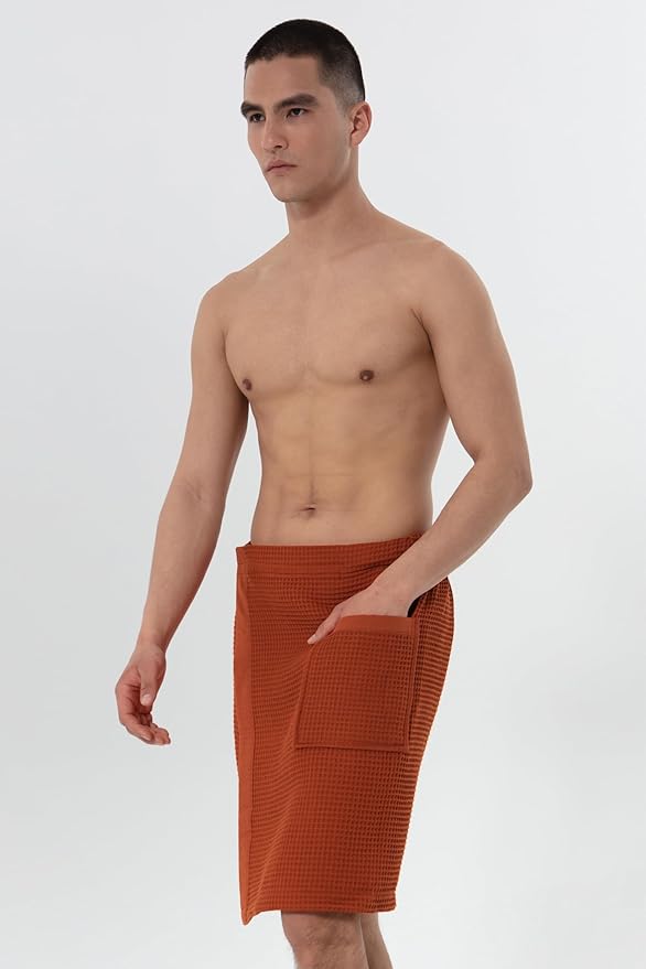 SEYANTE Men's Organic Waffle Spa Wrap – GOTS Certified 100% Turkish Cotton, Adjustable Closure, Same-Color Piping