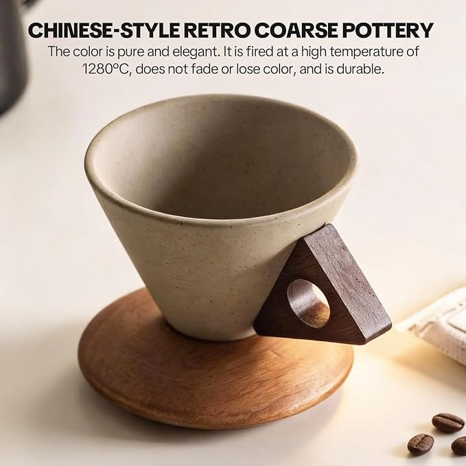 Conical Coffee Cup Vintage Ceramic Mug With Solid Wood Handle & Coaster - Reusable Heat-Resistant Cups Set for Home Office Coffee Tea