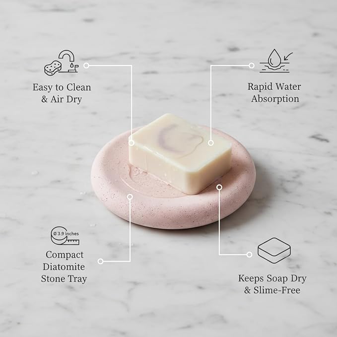 Round Diatomite Soap Dish, 3.9 Inch Natural Stone Bar Soap Holder for Bathroom Sink, Vanity, or Shower Ledge
