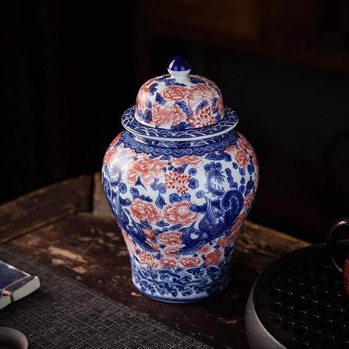 Porcelain Airtight Canister 45 Oz/1350ml, Blue White with Red Glazed Ceramic Large Food Storage Jar for Cereals, Rice, Tea leaves, Coffee Beans, Herb, Candy, Spices, Nuts (Phoenix)