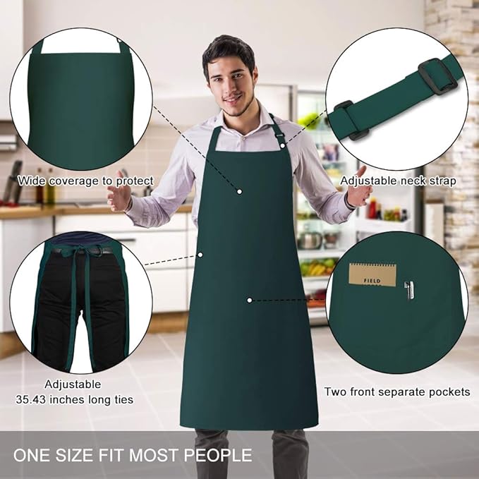 Jubatus 2 Pack 100% Cotton Aprons with 2 Pockets Cooking Chef Kitchen Adjustable Bib Apron for Women Men, Dark Green