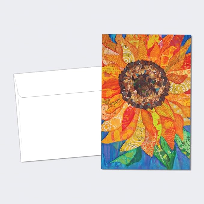 Tree-Free Greetings Vibrant Sunflower All Occasion Cards - 12 Recycled 4x6 Notecards & White Envelopes, Thick Cardstock, Sustainably Made in USA - Colorful Floral Collage