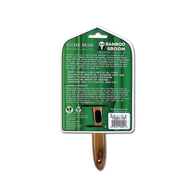 Alcott Bamboo Groom Slicker Brush with Stainless Steel Pins for Pets, Large, Brown