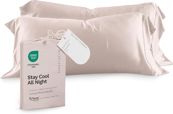 Olive + Crate Tencel Eucalyptus Pillowcases - 100% Tencel Lyocell Cooling Pillow Cases for Hot Sleepers, Hypoallergenic, Moisture-Wicking, Silk Alternative, Vegan, Standard Size Set of 2 [Barely Pink]
