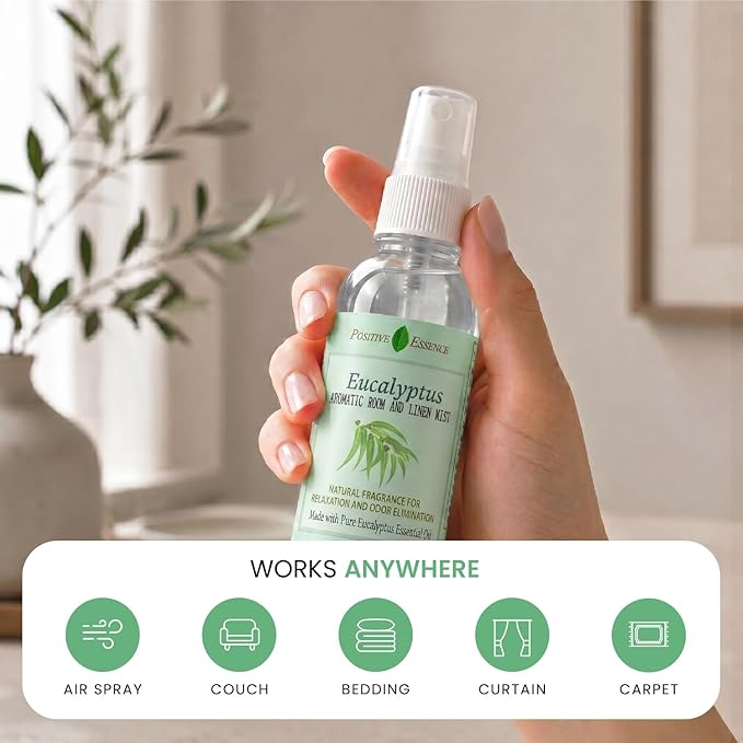 Eucalyptus & Wild Mint Room and Linen Spray, Natural Aromatic Mist Made with Pure Eucalyptus & Wild Mint Essential Oils, Refreshing Air Freshener Odor Eliminator Positive Essence