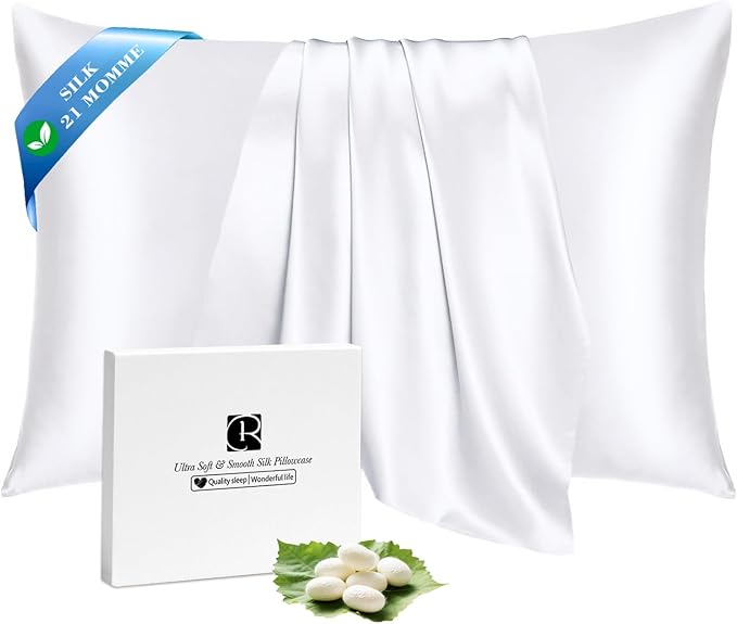 Ravmix 100% Silk Pillow Case with Zipper, 21momme Mulberry Silk Pillowcase for Hair Skin Health, Soft Smooth Breathable Cool Pillow Cover for Beauty Sleep 1PC(Queen 20×30inches, Pure White)