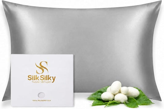 SilkSilky 100% Mulberry Silk Pillowcase - Pure 22 Momme High-Grade 6A Fibers for Hair & Skin, Envelope Closure, Natural, Organic, Breathable & Cooling Pillow Case (Standard, Silver)
