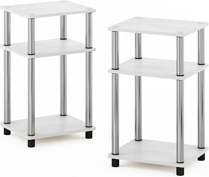 Furinno JUST Side Table Set of 2, 3-Tier Modern End Tables, Toolless Assembly Night Stand, Nightstand, Toolless Assembly, for Living Room, Bedroom, White Oak/Stainless Steel