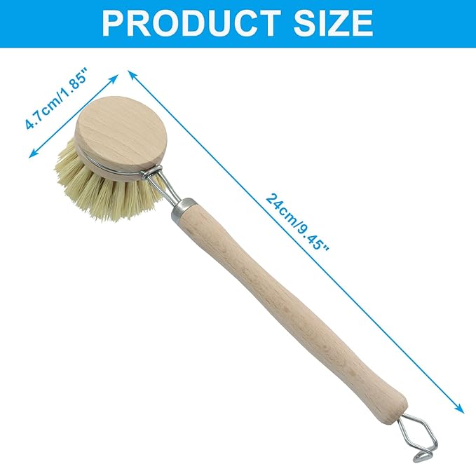 Murtenze Dish Brush with Wooden Handle, Sisal Bristles Brush, Natural Wood Dish Scrubber for Washing and Cleaning Pots and Pans (Hook Type)