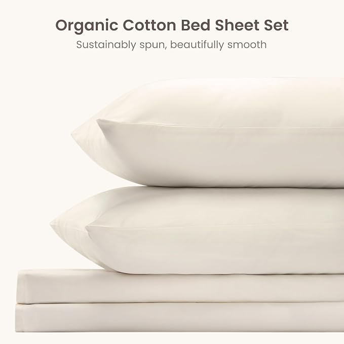 BIOWEAVES 100% Organic Cotton Sheets, 300 Thread Count 3-Piece GOTS Certified Bed Sheet Set Fits Mattress Upto 17" Deep Pocket, Soft & Silky Sateen Weave (Twin, Undyed Natural)