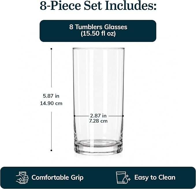 Libbey Heavy Base Drinking Glasses Set of 8, 15.5 Oz Elegant, Weighted Clear Water Glasses, Dishwasher Safe Glass Cups Set for Parties, Birthdays