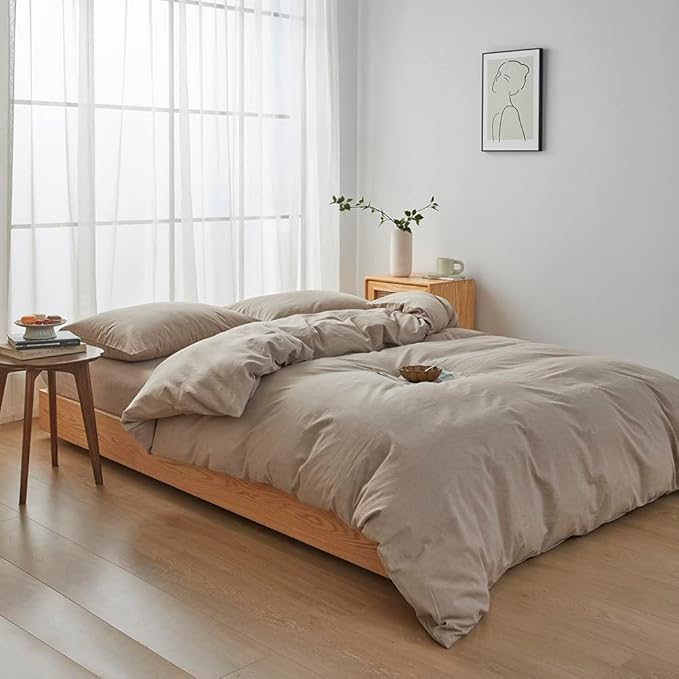 FACE TWO FACE Bedding Duvet Cover Set100% Washed Cotton Duvet Cover Linen Like Textured Breathable Durable Soft Comfy (Full, Khaki)