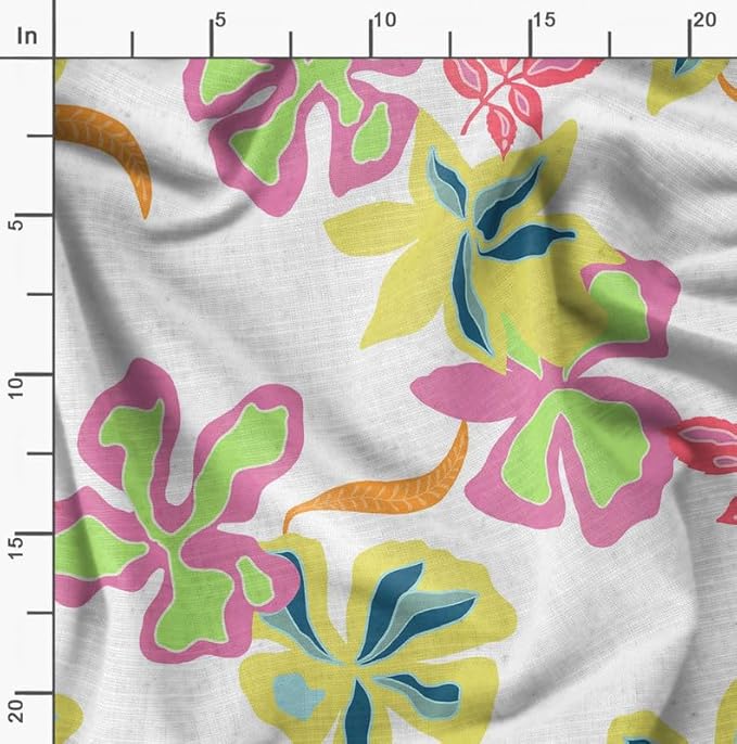 Soimoi Silky Satin Fabric Material, 1 Yard - 42" Inch Width, White - Floral Print - Soft Shiny Fabric for Dress, Pillowcases, Pajamas, Evening Dress, DIY