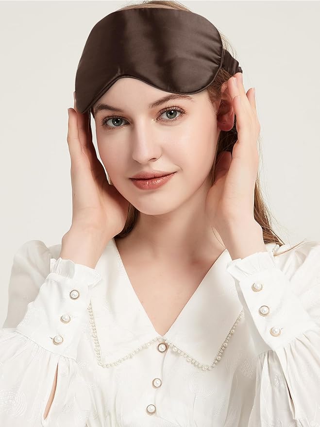100% Mulberry Silk Eye Mask for Sleeping with Silk Wrapped Adjustable Strap,Brown