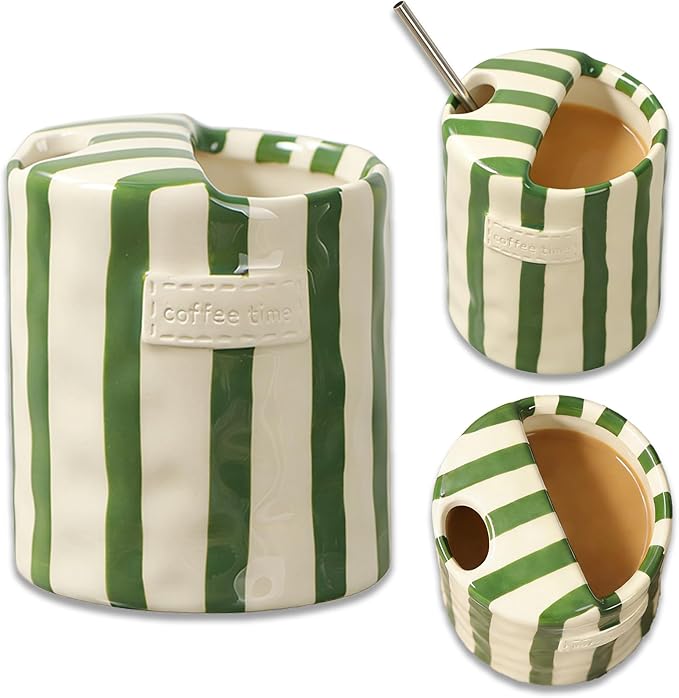 Ceramic Travel Mug with Hole, 10oz Hand Painted Striped Coffee Mug, Novelty Ceramic Coffee Cups, Dishwasher, Microwave Safe, Perfect Present for Coffee Lovers (Green)