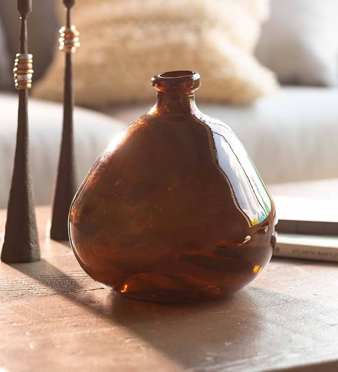 VivaTerra Recycled Round Glass Balloon Vase – Handblown Glass Vases for Centerpieces – Unique Organic Shape in a Delicate Chocolate Color – Sustainable and Unique Home Decor (9" H x 8" Dia.)